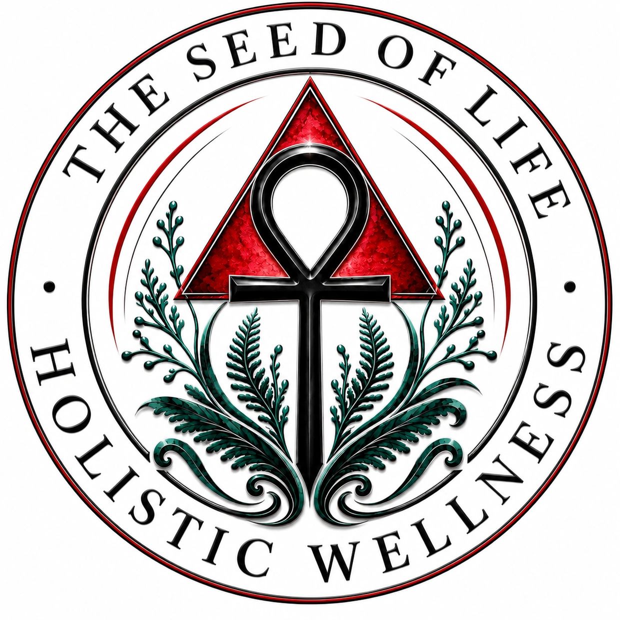 Logo with an ankh symbol and red triangle for holistic wellness.