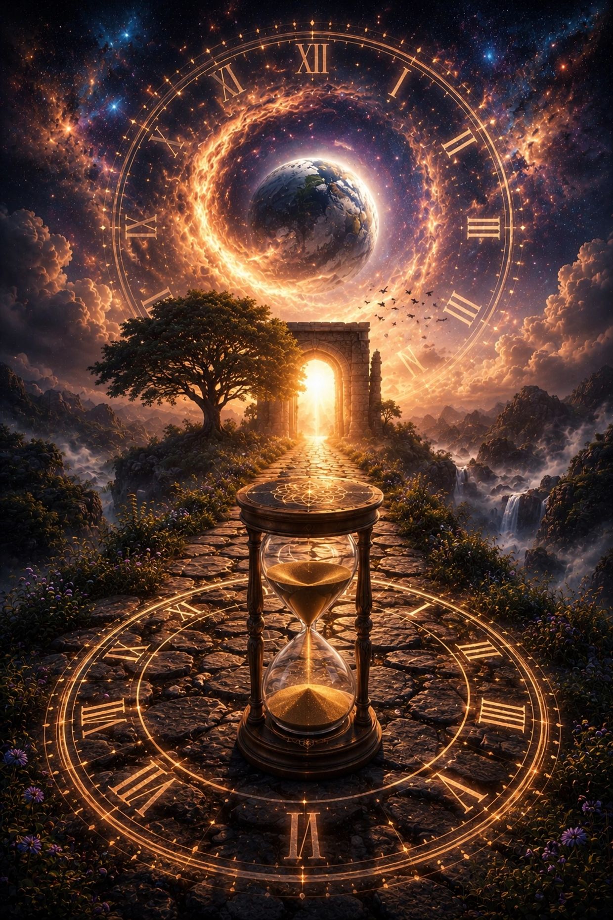 A mystical hourglass on a glowing clock path with a cosmic earth and portal.