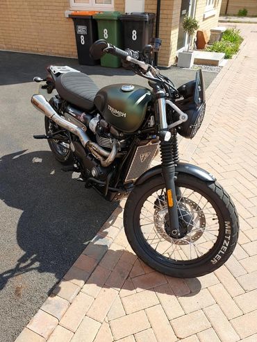 Owner's Triumph motorbike, showing his radiator guard made by Iconic Parts