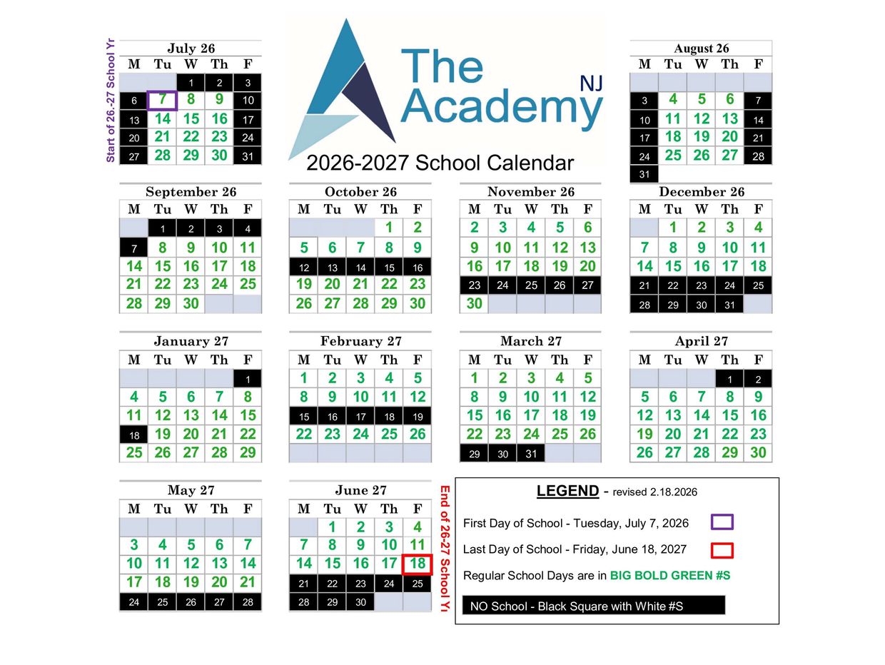 2026-2027 school calendar for The Academy NJ with key dates and no school days.