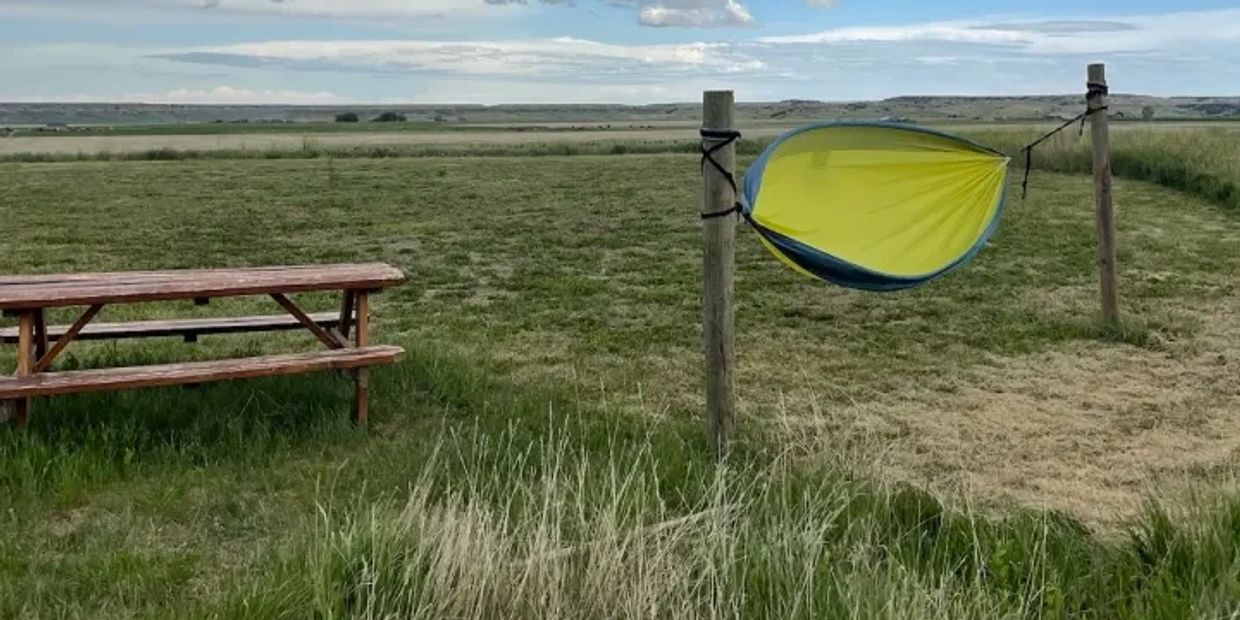 A picnic table next to a small suspended yellow and blue hammock in a grassy field.