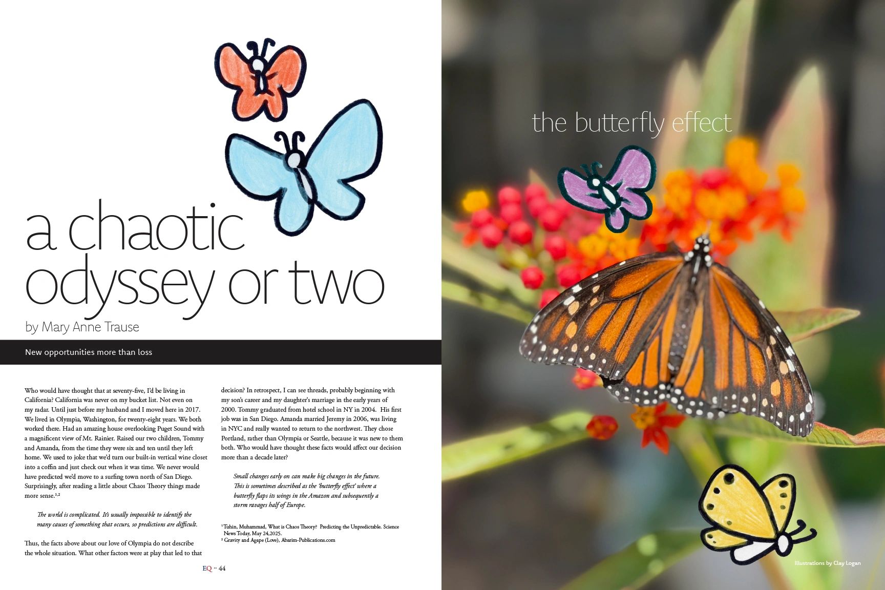 A magazine spread about chaos theory and the butterfly effect, featuring colorful butterfly illustrations.