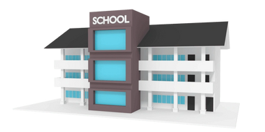 3D model of a modern school building with large blue windows.