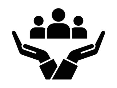 Black icon of two hands supporting three people figures.
