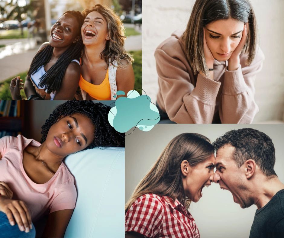 People showing emotions - Happy. Anxious. Angry. Sad.