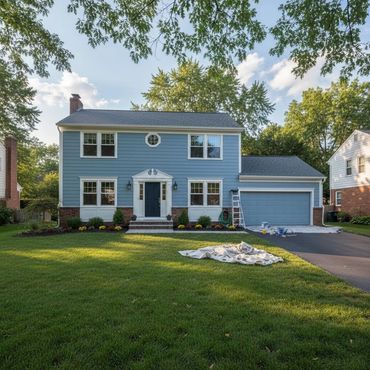 Two-story blue house with white trim and a well-kept lawn on a sunny day.