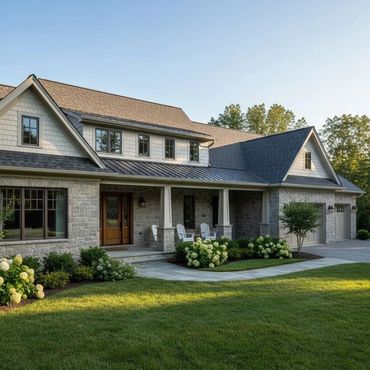 Elegant stone house with a manicured lawn and cozy front porch seating.
