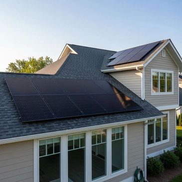 Modern house with solar panels installed on the roof under clear sky.