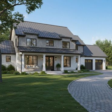 Modern two-story house with stone facade and metal roof under a clear blue sky.