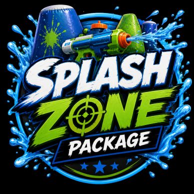 Logo for the Splash Zone Package with water and a water gun graphic.