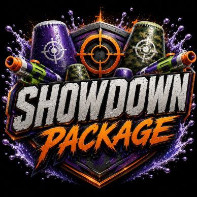 Dynamic logo design featuring 'Showdown Package' with vibrant colors and gaming elements.