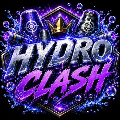 Vibrant Hydro Clash logo with water splash and crown.