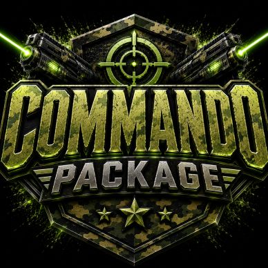 Bold military-style logo reading 'Commando Package' with guns and target symbol.
