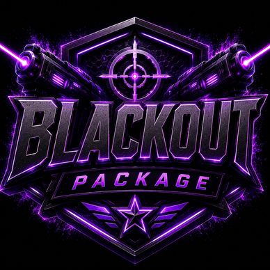 Futuristic Blackout Package logo with neon purple guns and star.