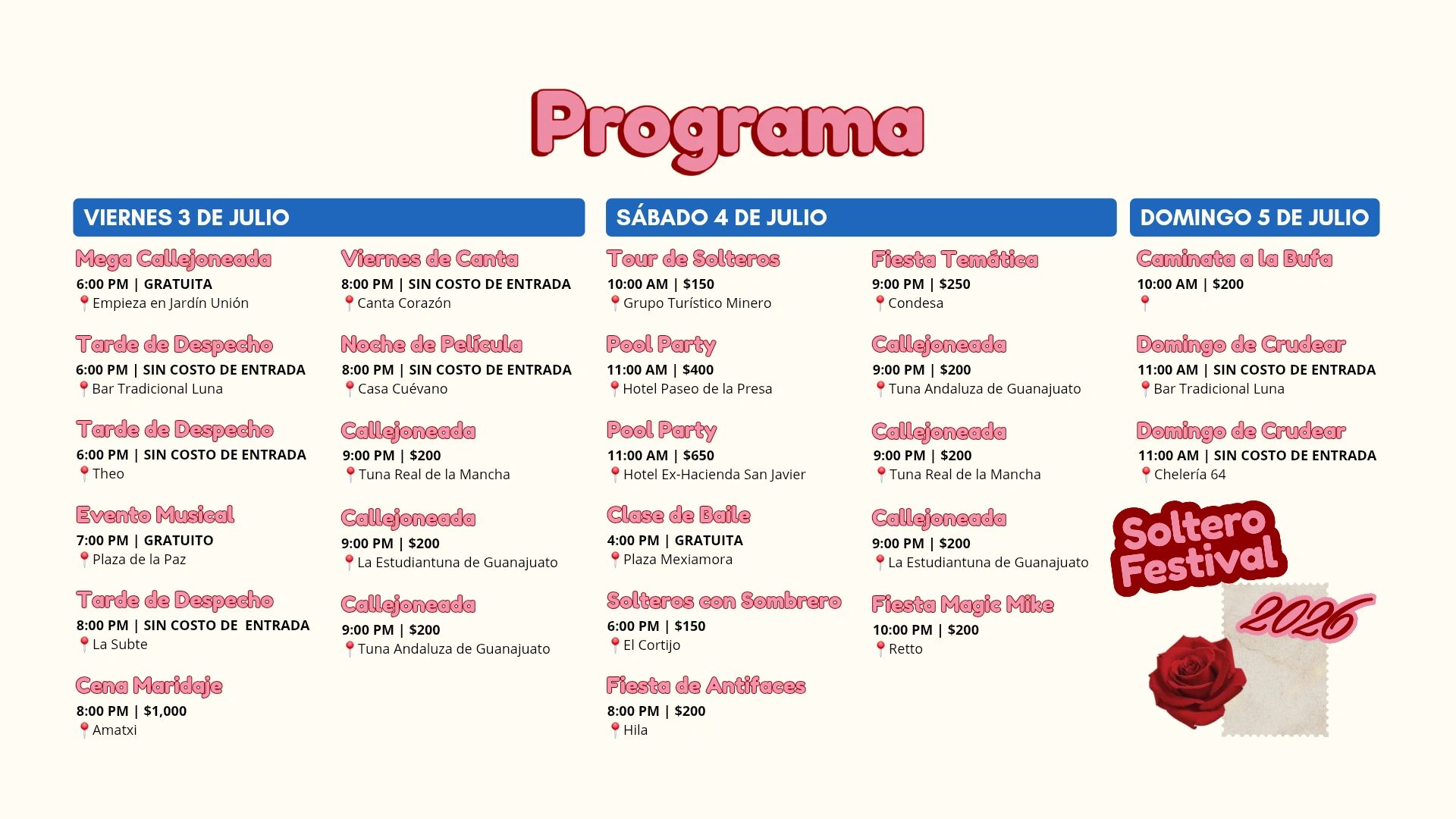 Programa del Soltero Festival 2026 con actividades del 3 al 5 de julio, incluyendo música, baile, fiestas y caminatas.