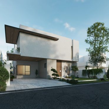 Modern two-story house with clean lines and a landscaped front yard.