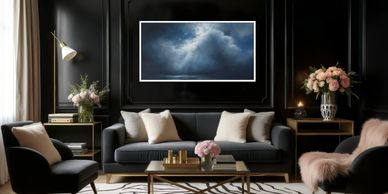 Elegant black living room with modern furniture and floral accents.