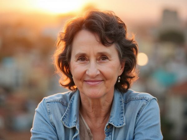 Smiling older woman with curly hair in a denim jacket.