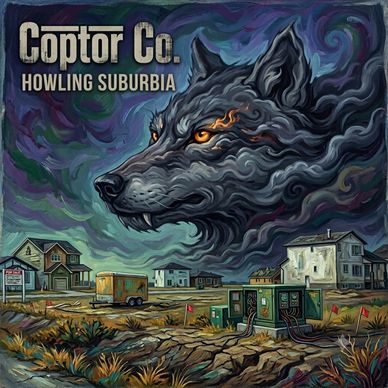 Album cover featuring a giant wolf head over a suburban neighborhood.