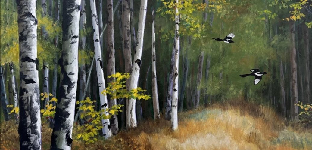 "Aspens and Magpies" Acrylic painting by Paul Lewing. 12" x 24"