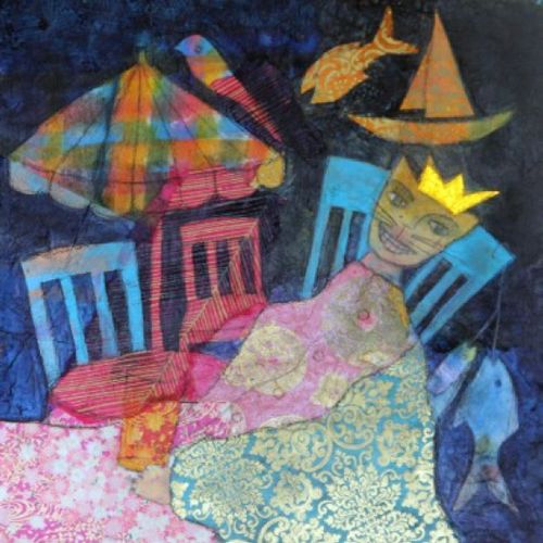 "Diva Cat" by Judith Heim. Mixed Media/Collage. 12" x 12"