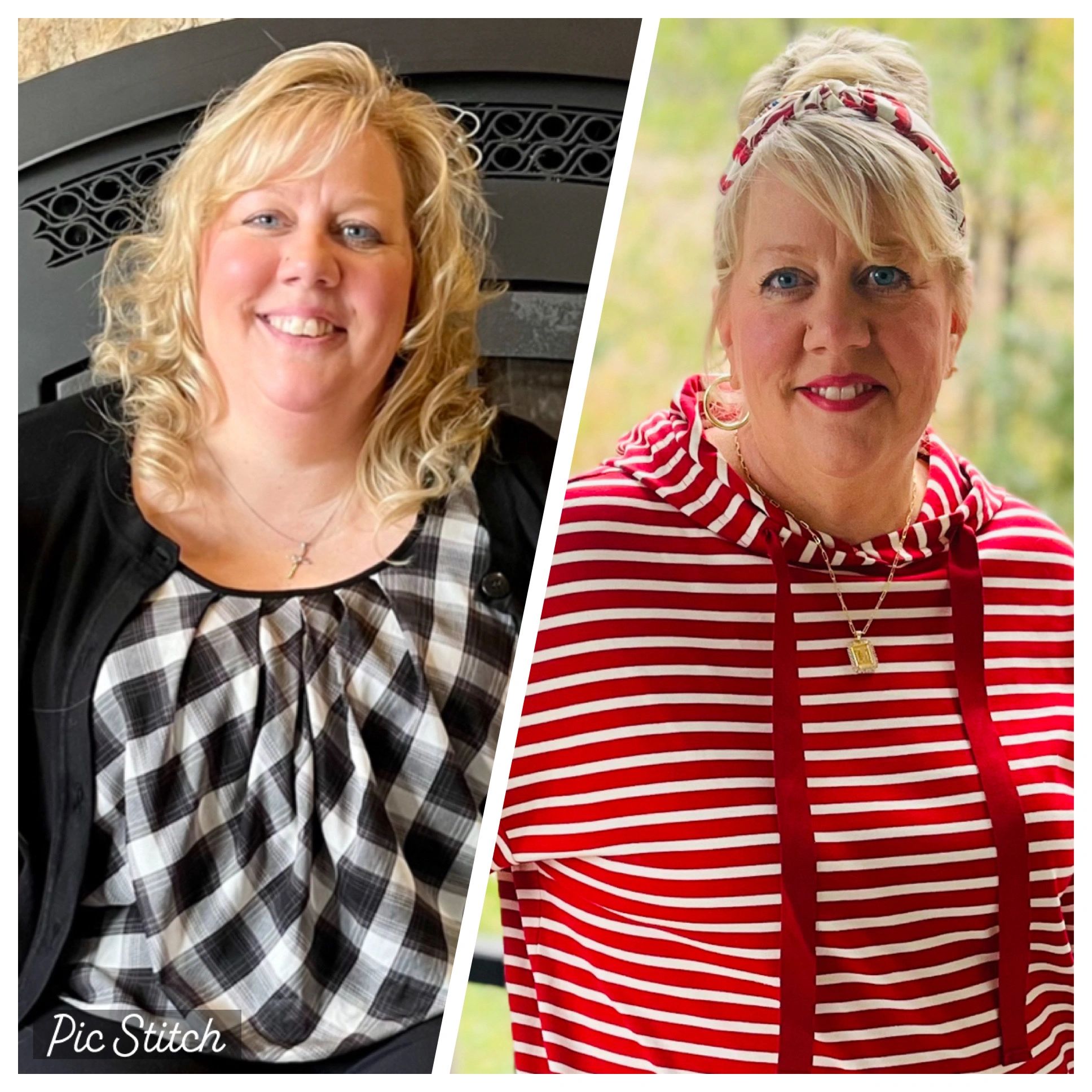 Side-by-side portraits of a smiling blonde woman in different outfits and settings.