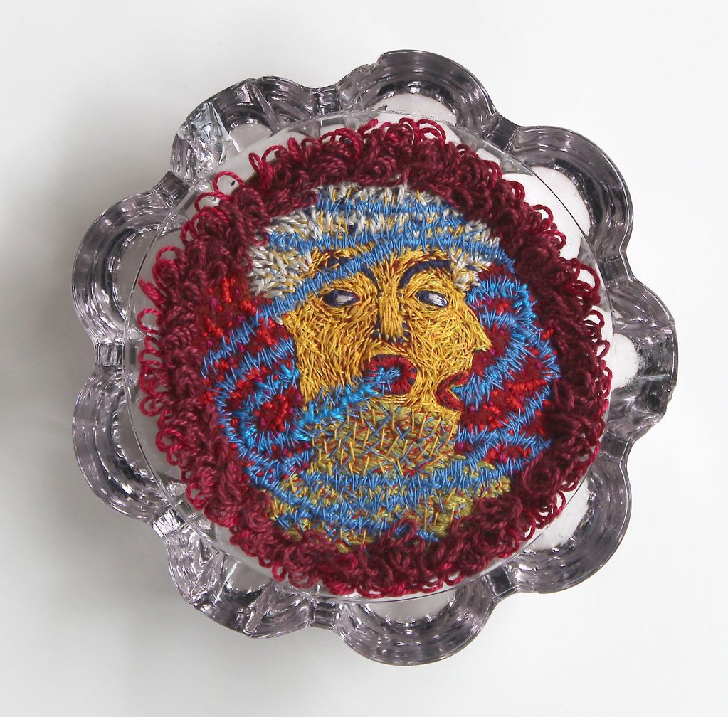 Artist-made wool felt, hand embroidery,  vintage glass