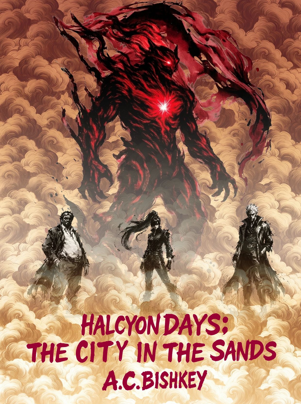 Dark fantasy cover with a monstrous red figure and three shadowy characters amidst swirling clouds.