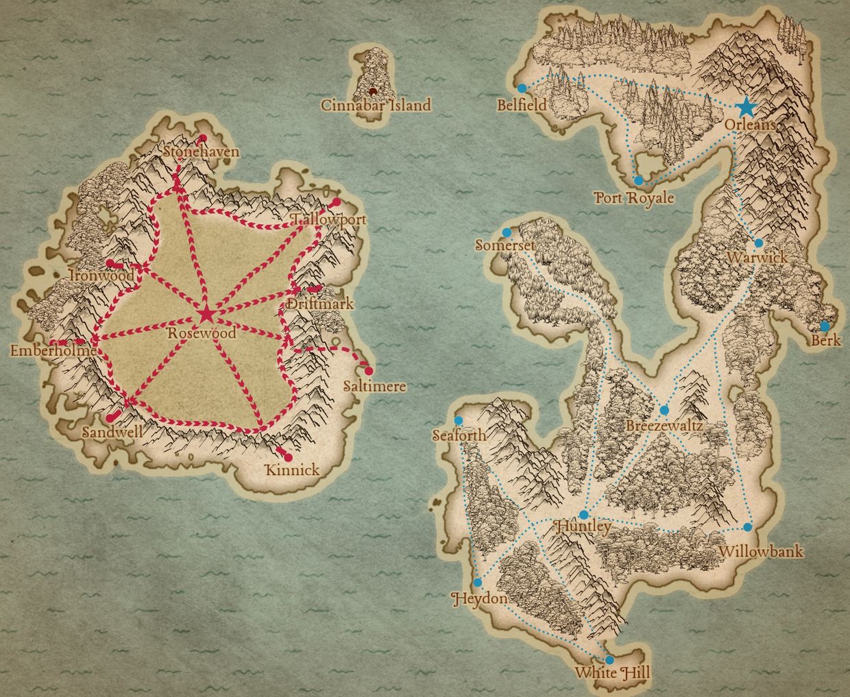 A detailed fantasy map showing islands with towns, forests, and mountain ranges connected by marked routes.