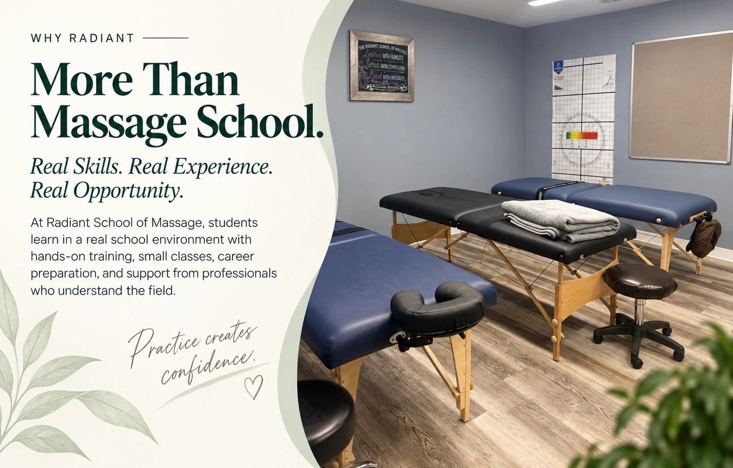 Massage school training room with tables and stools.