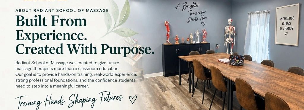 Classroom of Radiant School of Massage with bones models and motivational quotes.