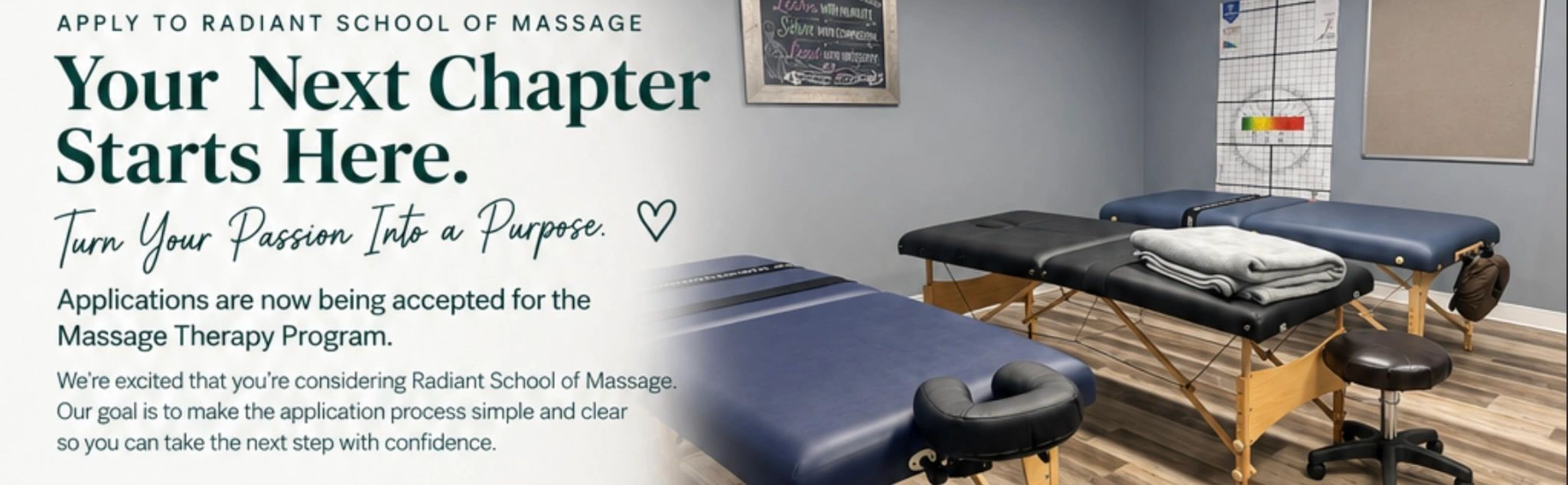 Massage therapy school advertisement with treatment tables.