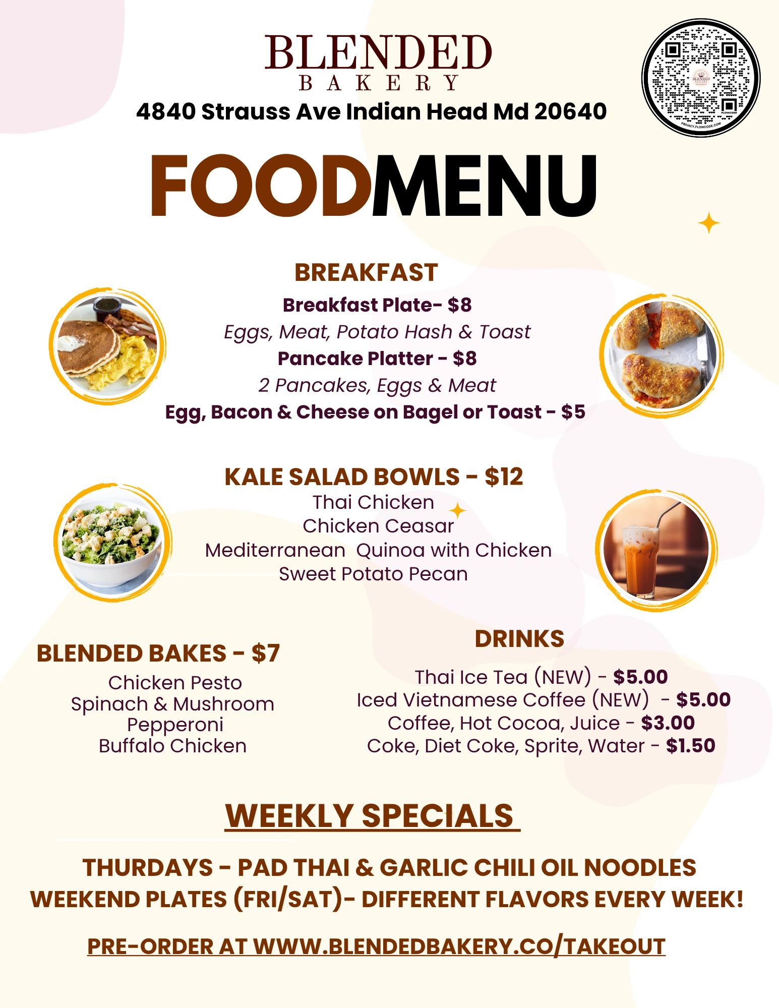 Blended Bakery food menu featuring breakfast, kale salad bowls, blended bakes, drinks, and weekly specials.