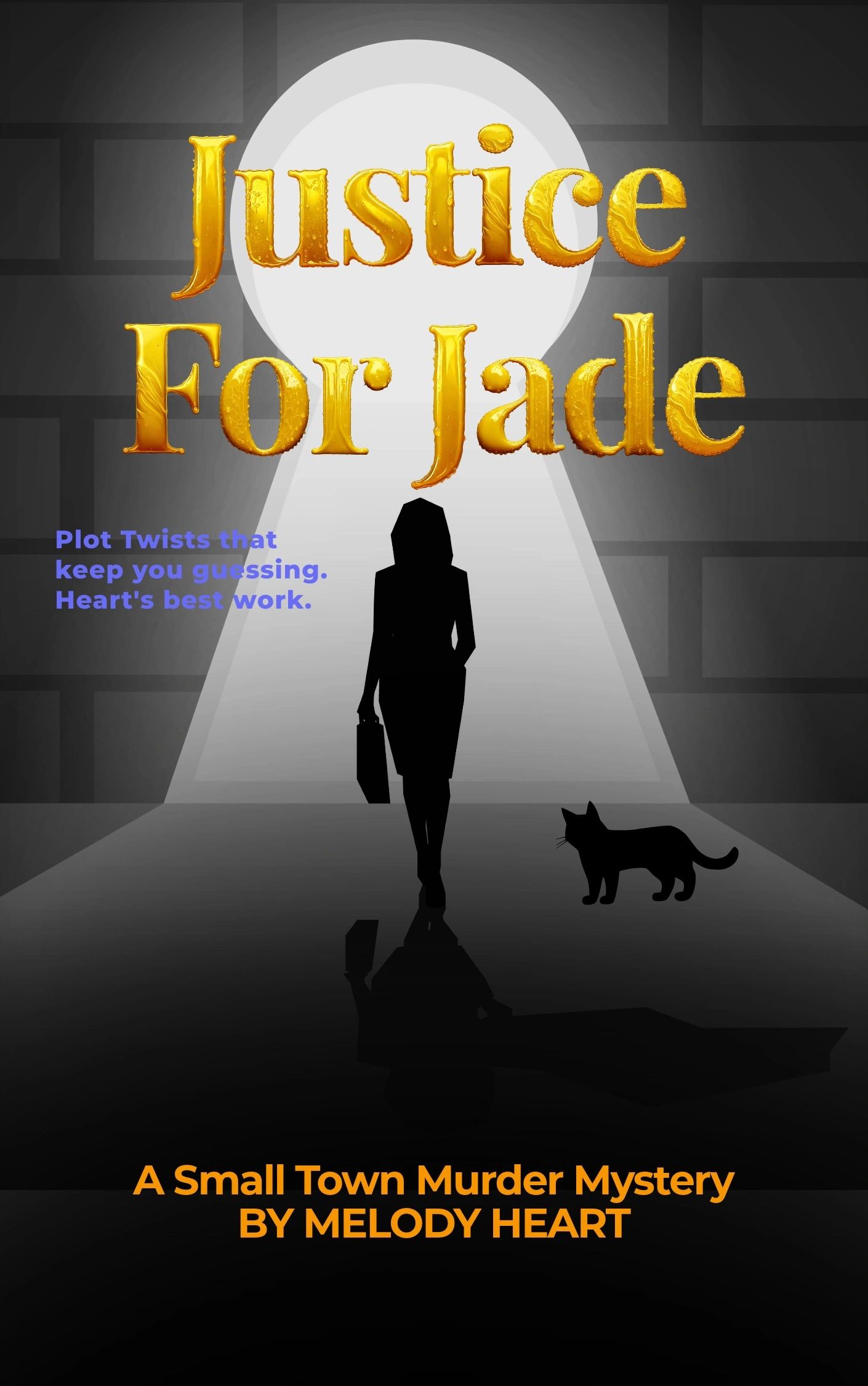 Mystery book cover featuring a silhouette and her cat.