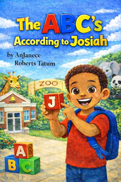 Children's book cover with a boy holding a letter J block near a zoo.
