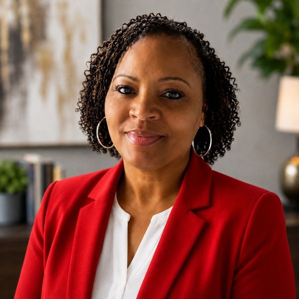 Professional woman wearing a red blazer and hoop earrings.