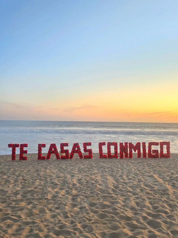 Proposal on a beach at sunset.