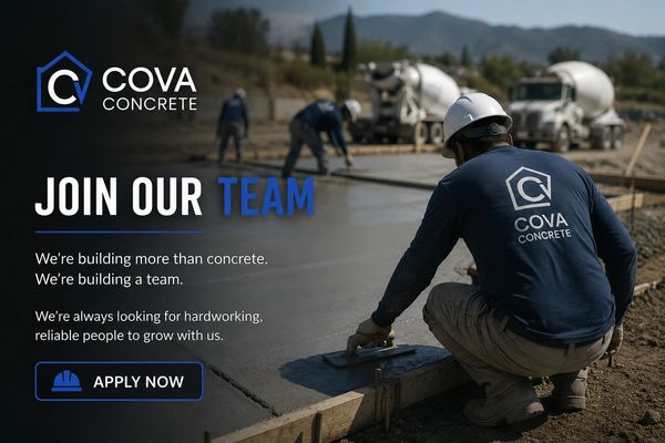 Construction worker smoothing concrete with Cova Concrete team recruitment message.