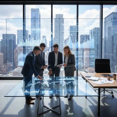 Four business professionals reviewing data on a transparent digital table in a skyscraper office.
