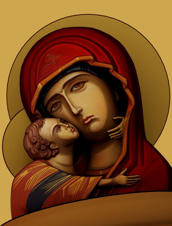 Iconic depiction of Madonna and Child with tender expressions and golden halos.