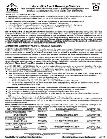 Texas Real Estate Commission information about brokerage services for buyers, tenants, sellers, and landlords.