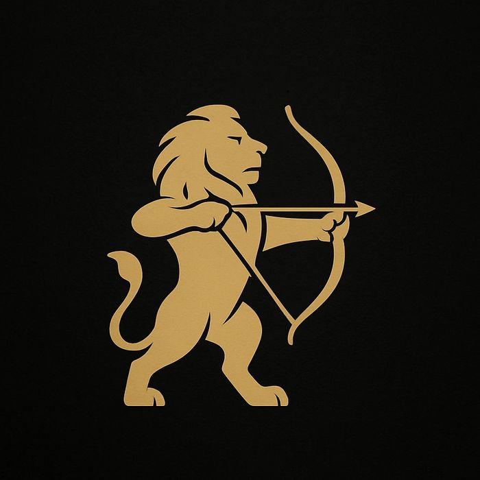 Golden lion silhouette aiming a bow and arrow on black background.