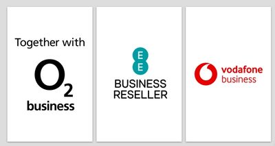 Logos of O2 Business, EE Business Reseller, and Vodafone Business.