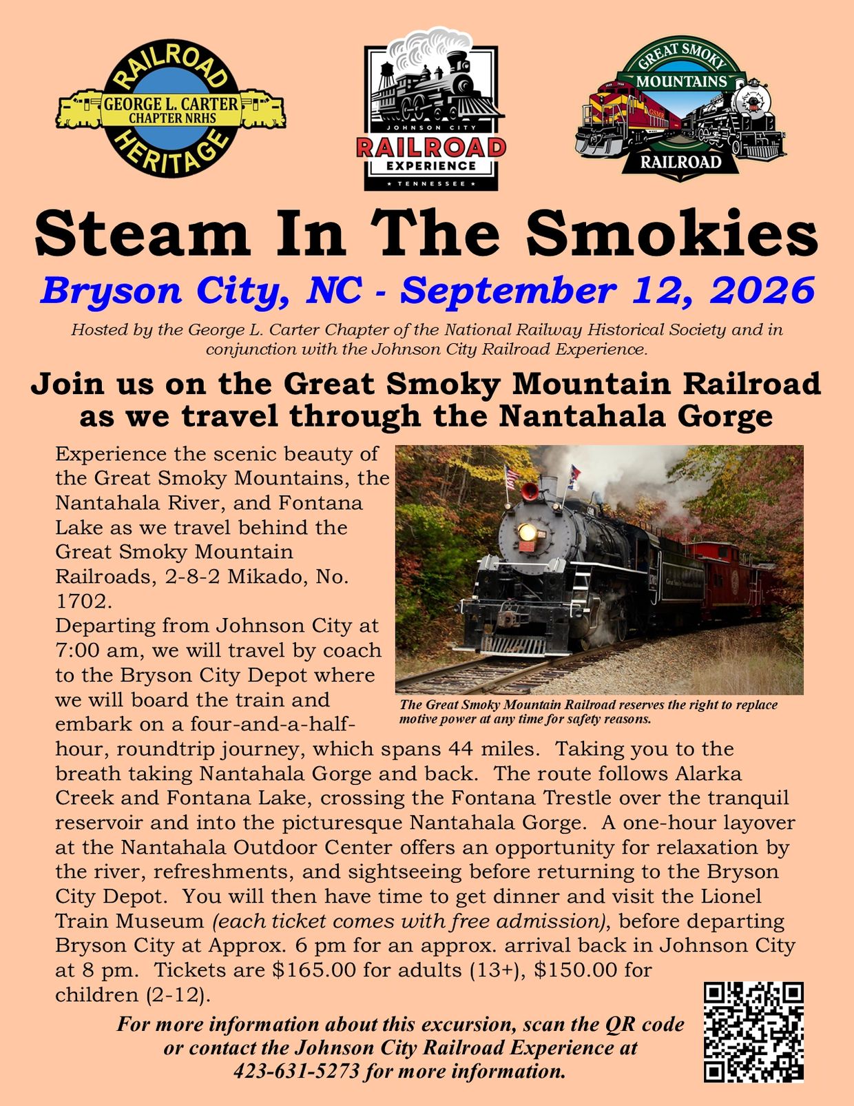 Steam train excursion through the Great Smoky Mountains on September 12, 2026, from Bryson City, NC.