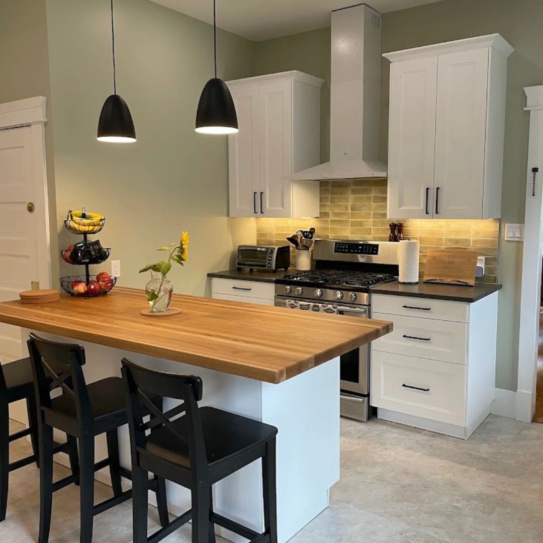 Kitchen Design - butcher block island, quartz countertops and tile backsplash
