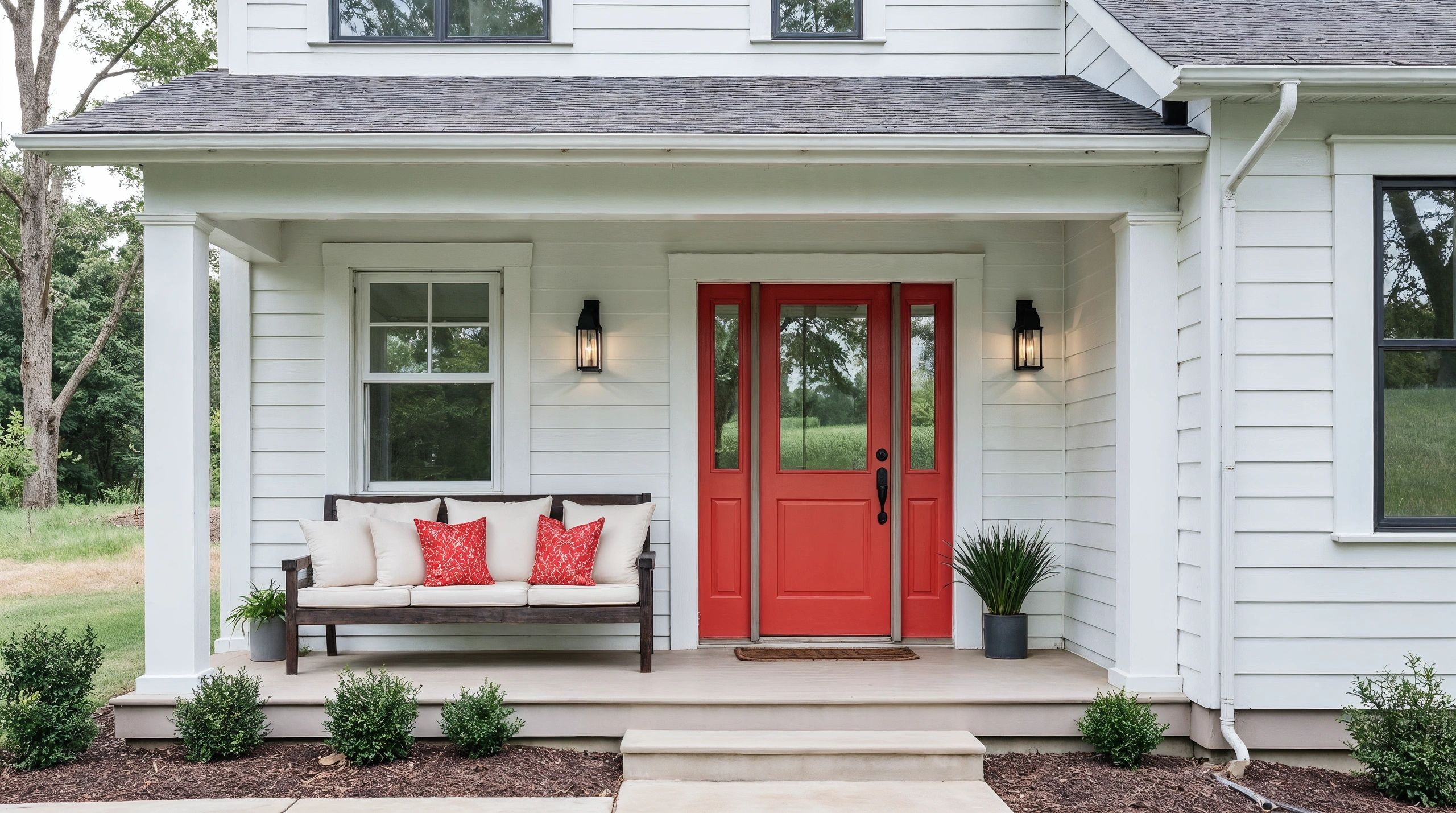 Front porch with red door and bench with cushions.