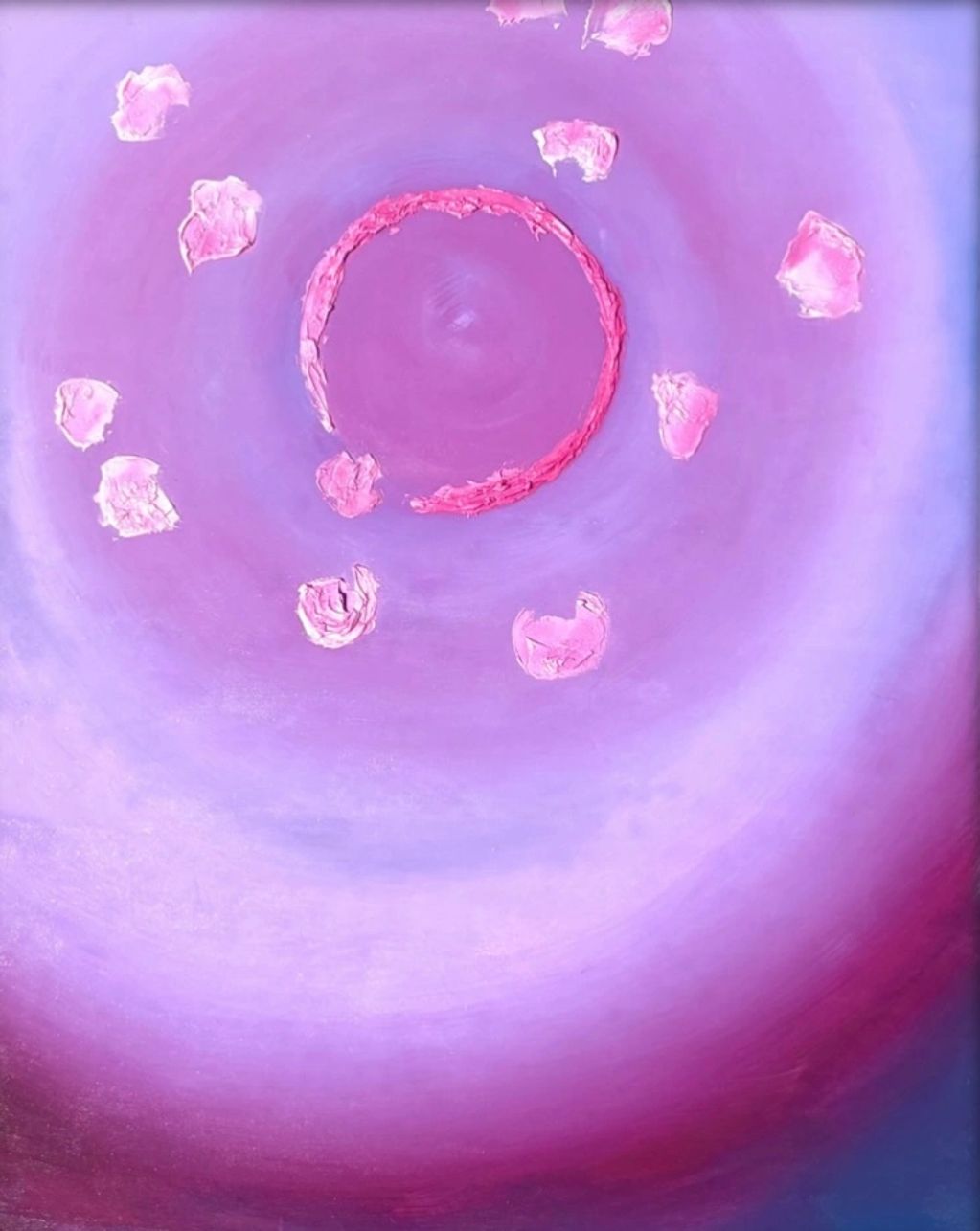 Abstract painting with pink petals and a circular pink shape on a purple background.