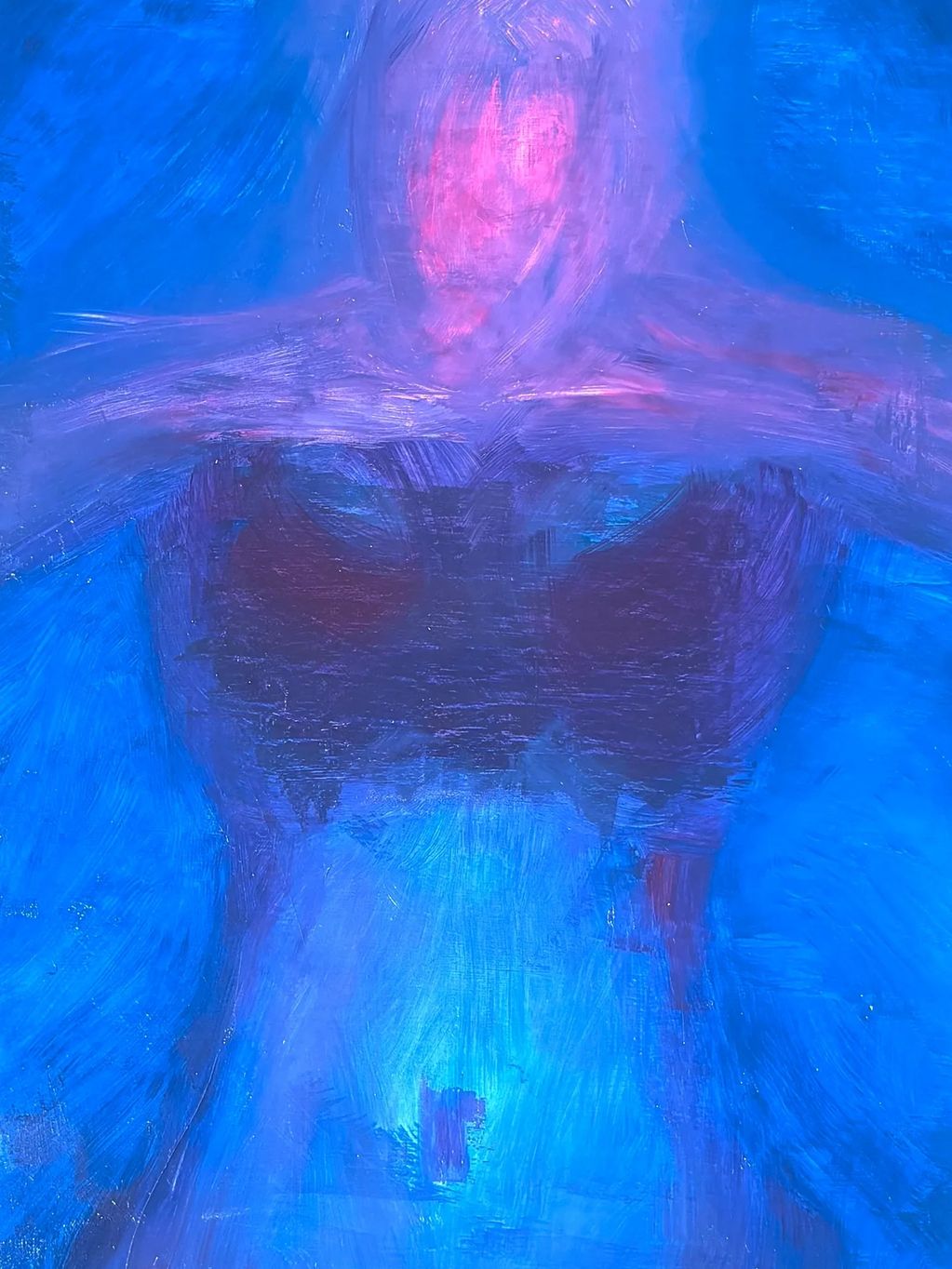Abstract painting of a figure with purple and blue hues.