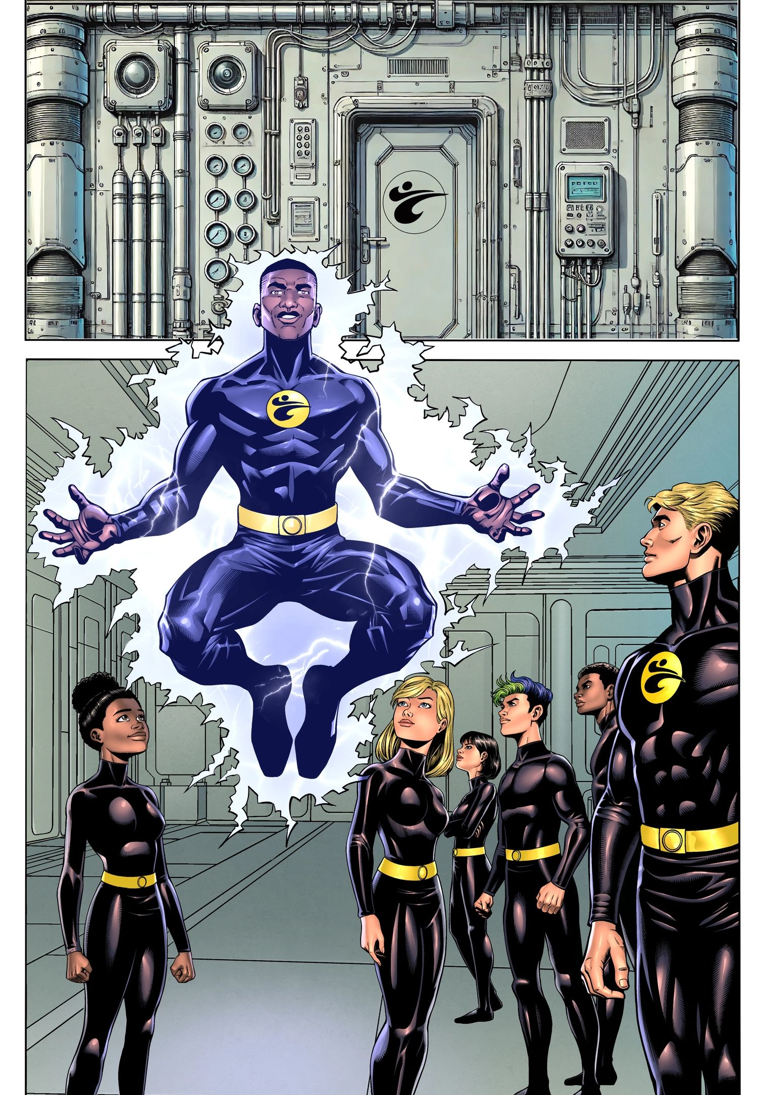 A glowing superhero floats as others in black suits watch admiringly in a futuristic setting.