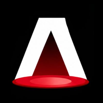 A white spotlight beam with a red circular base on a black background.